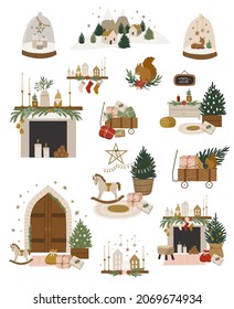 White Christmas winter scenes and landscapes vector illustrations for poster, card, banner design. Pre made winter holidays scene