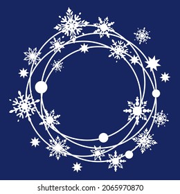 Weißer Weihnachtskranz aus Schneeflocken, Sternen und Schneebällen. Dekoration für Postkarten, Grüße. Weihnachten und Neujahr. Flache Vektorgrafik.