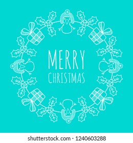 White Christmas wreath vector illustration. Christmas circle frame. Scandinavian style.