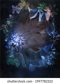 white chrysanthemum flower vector with lilac and blue watercolor stains