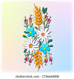 white chrysanthemum, wheat, vector flowers leaves,  bud, set, pattern for embroidery on a belt, tape or tie, traditional folk costume for the holiday, separate objects, lady