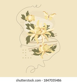 Composición de crisantemos blancos y composición abstracta con mariposa. Diseño vectorial floral para invitaciones románticas, tarjetas, guardar las fechas, materiales impresos. Aislado sobre un fondo beige.
