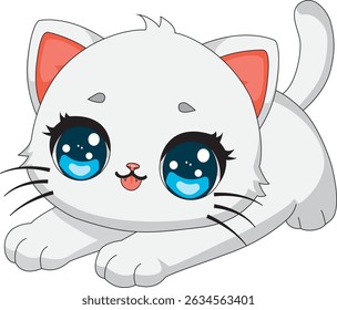 White Chubby Cat Stretching Kawaii Kitten Vector