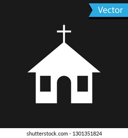 White Church building icon isolated on black background. Christian Church. Religion of church. Vector Illustration