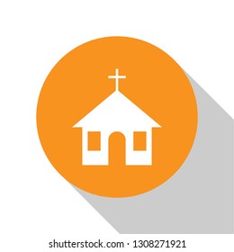 White Church building icon isolated on white background. Christian Church. Religion of church. Orange circle button. Flat design. Vector Illustration