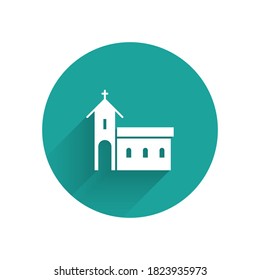 White Church building icon isolated with long shadow. Christian Church. Religion of church. Green circle button. Vector Illustration