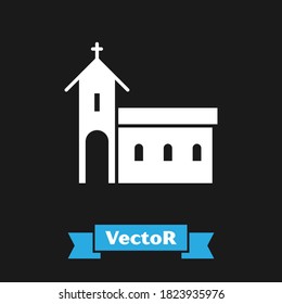 White Church building icon isolated on black background. Christian Church. Religion of church.  Vector Illustration
