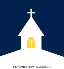 White Church Building At Night. Vector Illustration Background.