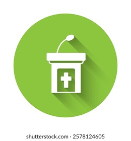 White Church sermon tribune icon isolated with long shadow background. The podium of the preacher in the church. Green circle button. Vector