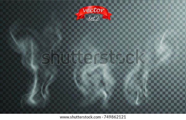 White cigarette smoke waves. White hot steam\
over cup for dark and transparent background. Set of fume on food,\
tea and coffee. Magic vapor, mist, cloud, gas or fog vector\
illustration. Hazy\
fragrance