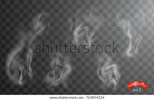 White cigarette smoke waves. White hot steam\
over cup for dark and transparent background. Set of fume on food,\
tea and coffee. Magic vapor, mist, cloud, gas or fog vector\
illustration. Hazy\
fragrance