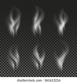 White cigarette smoke waves on transparent background. Vector illustration set. Phantom image. Shadow on a checkered backdrop. Abstract supernatural phenomenon. 