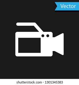 White Cinema camera icon isolated on black background. Video camera. Movie sign. Film projector. Vector Illustration