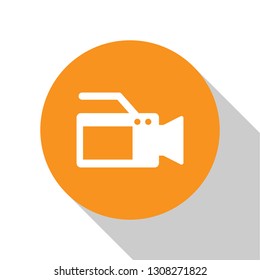 White Cinema camera icon isolated on white background. Video camera. Movie sign. Film projector. Orange circle button. Flat design. Vector Illustration