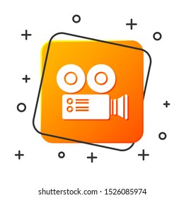White Cinema camera icon isolated on white background. Video camera. Movie sign. Film projector. Orange square button. Vector Illustration