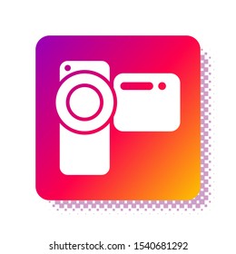 White Cinema camera icon isolated on white background. Video camera. Movie sign. Film projector. Square color button. Vector Illustration