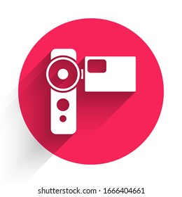 White Cinema camera icon isolated with long shadow. Video camera. Movie sign. Film projector. Red circle button. Vector Illustration