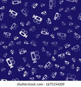 White Cinema camera icon isolated seamless pattern on blue background. Video camera. Movie sign. Film projector.  Vector Illustration