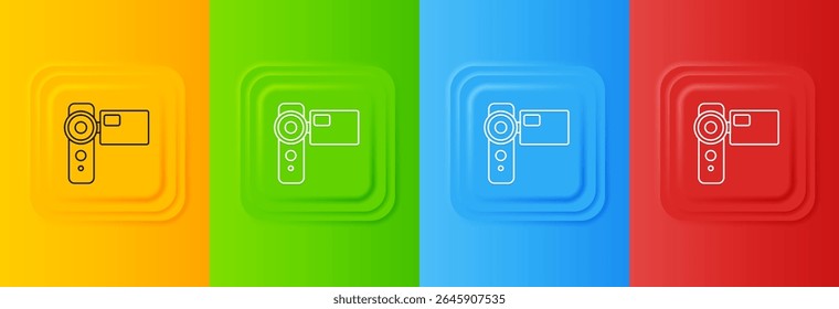 White Cinema camera icon isolated on colorful background. Video camera. Movie sign. Film projector. Set icons in square buttons. Vector