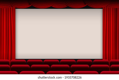 white cinema screen with red curtain and red seats in the hall	