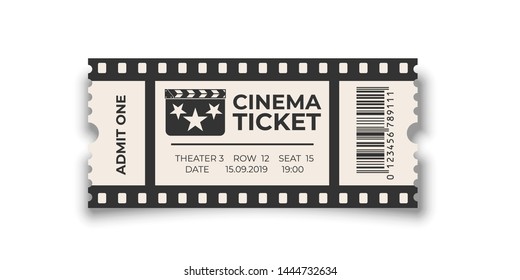 White cinema ticket with barcode template isolated on white background. Vector design element