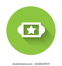 White Cinema ticket icon isolated with long shadow background. Green circle button. Vector