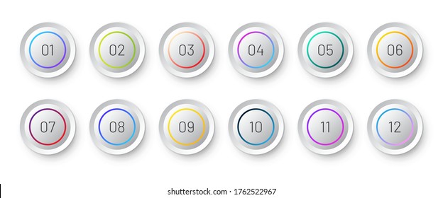 White circle 3d icon set with number bullet point from 1 to 12. 