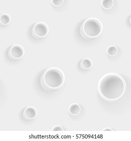 White circle abstract background on white with shadows. Paper Cut  range. Geometric applique disk backdrop. Plastic shiny. Set of plastic glossy rings. Origami