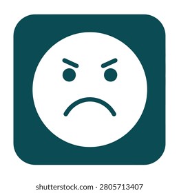 A white circle with an angry face emoticon on a dark green square background