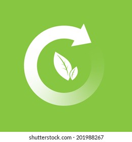 white circle arrow and leafs sign. Icon on green background. Vector. 