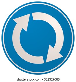 White Circle Arrows on a Blue Round Sign, Vector Illustration.