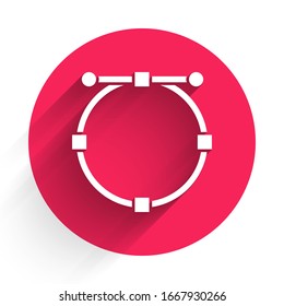 White Circle banner with Bezier curve icon isolated with long shadow. Pen tool icon. Red circle button. Vector Illustration