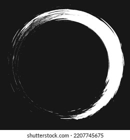 White circle brush stroke vector isolated on black background. White enso zen circle brush stroke. For stamp, seal, ink and paintbrush design template. Grunge hand drawn circle shape, vector