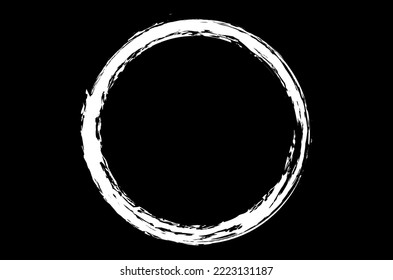 White circle brush stroke vector isolated on black background. White enso zen circle brush stroke. For stamp, seal, ink and paintbrush design template. Grunge hand drawn circle shape, vector