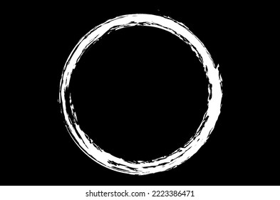 White circle brush stroke vector isolated on black background. White enso zen circle brush stroke. For stamp, seal, ink and paintbrush design template. Grunge hand drawn circle shape, vector