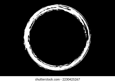 White circle brush stroke vector isolated on black background. White enso zen circle brush stroke. For stamp, seal, ink and paintbrush design template. Grunge hand drawn circle shape, vector