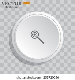 White circle, white button on a gray background with shadow. Grey icon on white.  Magnifying glass. Search , vector illustration, EPS 10