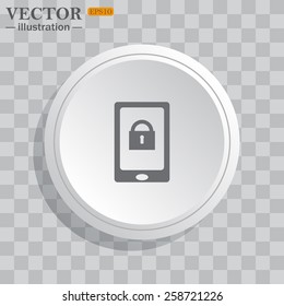 White circle, white button on a gray background with shadow. Grey icon on white.  the phone is locked, vector illustration, EPS 10