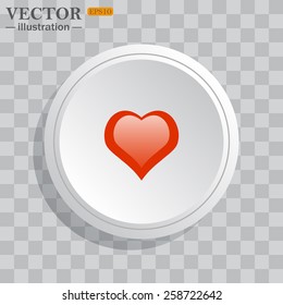 White circle, white button on a gray background with shadow. Red  icon on white.  red heart, vector illustration, EPS 10