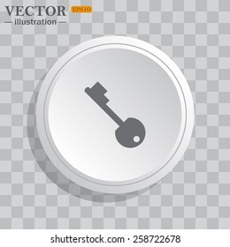 White circle, white button on a gray background with shadow. Grey icon on white.  key, vector illustration, EPS 10
