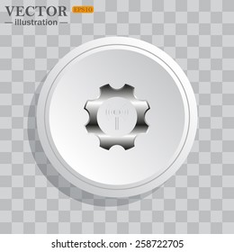 White circle, white button on a gray background with shadow. Grey icon on white.  Toothed setting controls via wi-fi network, vector illustration, EPS 10