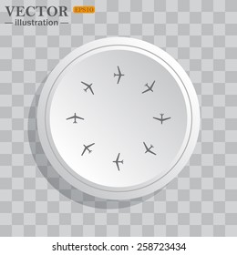 White circle, white button on a gray background with shadow. Grey icon on white.  Fashion Icon Aircraft, vector illustration, EPS 10