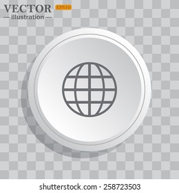 White circle, white button on a gray background with shadow. Grey icon on white.  Globe,  vector illustration, EPS 10