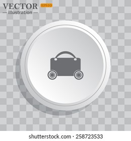 White circle, white button on a gray background with shadow. Grey icon on white.  suitcase on wheels , vector illustration, EPS 10