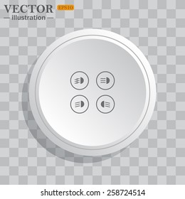 White circle, white button on a gray background with shadow.   Indicator lights on the car dashboard, dipped beam, main beam, fog lights, brake, rear fog lights. vector illustration, EPS 10