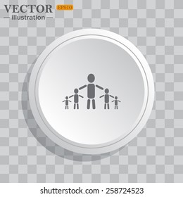 White circle, white button on a gray background with shadow. Grey icon on white.  kids silhouette family , vector illustration, EPS 10