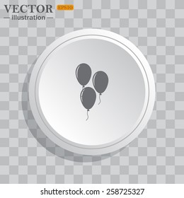 White circle, white button on a gray background with shadow. Grey icon on white.  Balloon sign icon. Birthday air balloon with rope or ribbon symbol.  Vector illustration, EPS 10