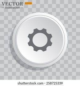 White circle, white button on a gray background with shadow. Grey icon on white.  Cog Settings , vector illustration, EPS 10