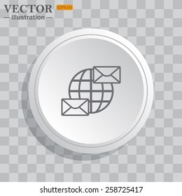 White circle, white button on a gray background with shadow. Grey icon on white. Internet e-mail, envelope letter, Globe,  vector illustration, EPS 10