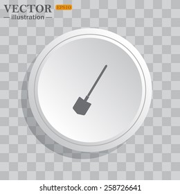 White circle, white button on a gray background with shadow. Grey icon on white.  icon shovel. Vector illustration, EPS 10